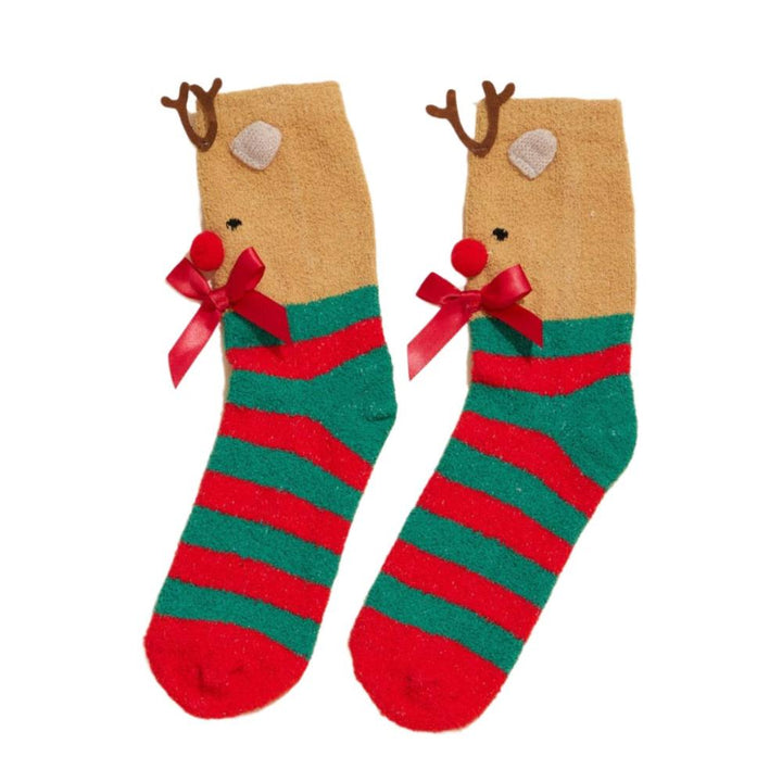 Side view of brown fuzzy reindeer socks with antlers, a red pom pom nose, and a red bow detail.