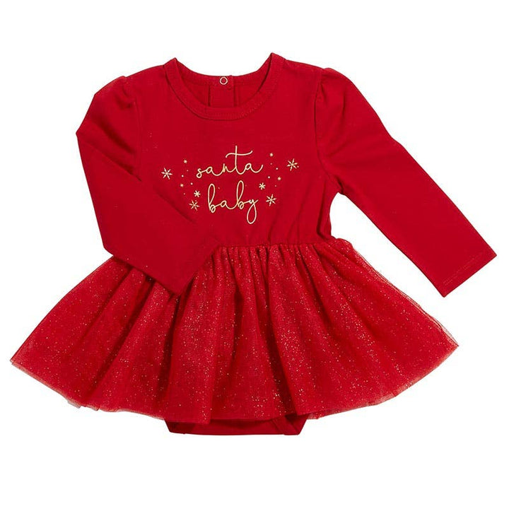 Santa Baby Tutu Dress in red with metallic gold “Santa Baby” text and tulle skirt.