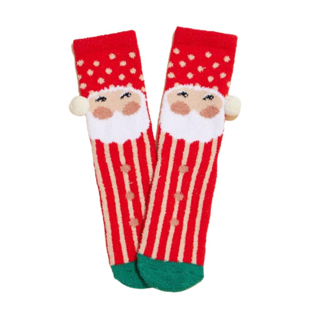 Red fuzzy Santa socks with a white pom pom hat design and a festive holiday look, front view.