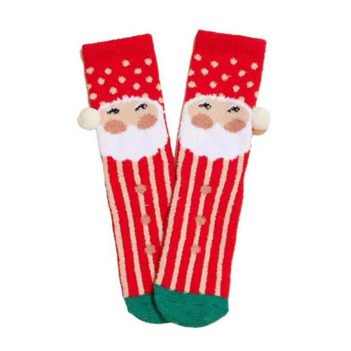 Red fuzzy Santa socks with a white pom pom hat design and a festive holiday look, front view.