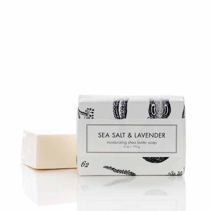 Sea Salt & Lavender Shea Butter Soap by Formulary 55, a 6.4oz bar with fresh sea air and lavender scent. Ideal for spa gift sets and self-care gift baskets.