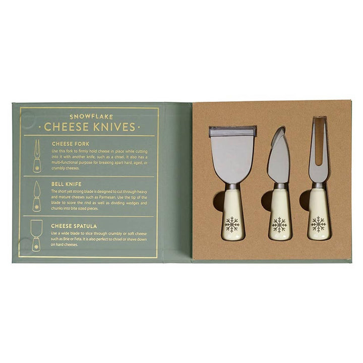 Snowflake Cheese Knives Set in Book Box with recommended cheese types. 