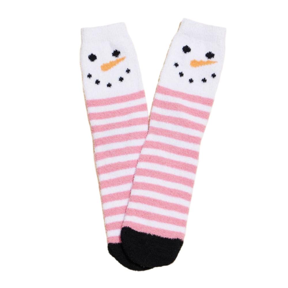 White snowman socks with pink stripes and a black toe detail.