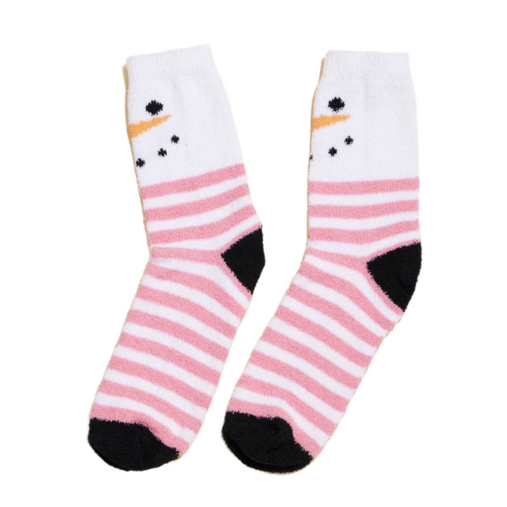 Side view of snowman socks with pink and white stripes.