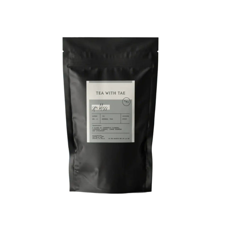 Spa Bliss Tea featuring premium whole-leaf tea sachets in eco-friendly packaging.