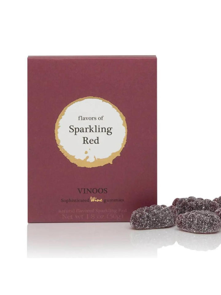 Sparkling red wine gummies by Vinoos, elegant dark bordeaux red packaging, 1.5oz, alcohol free