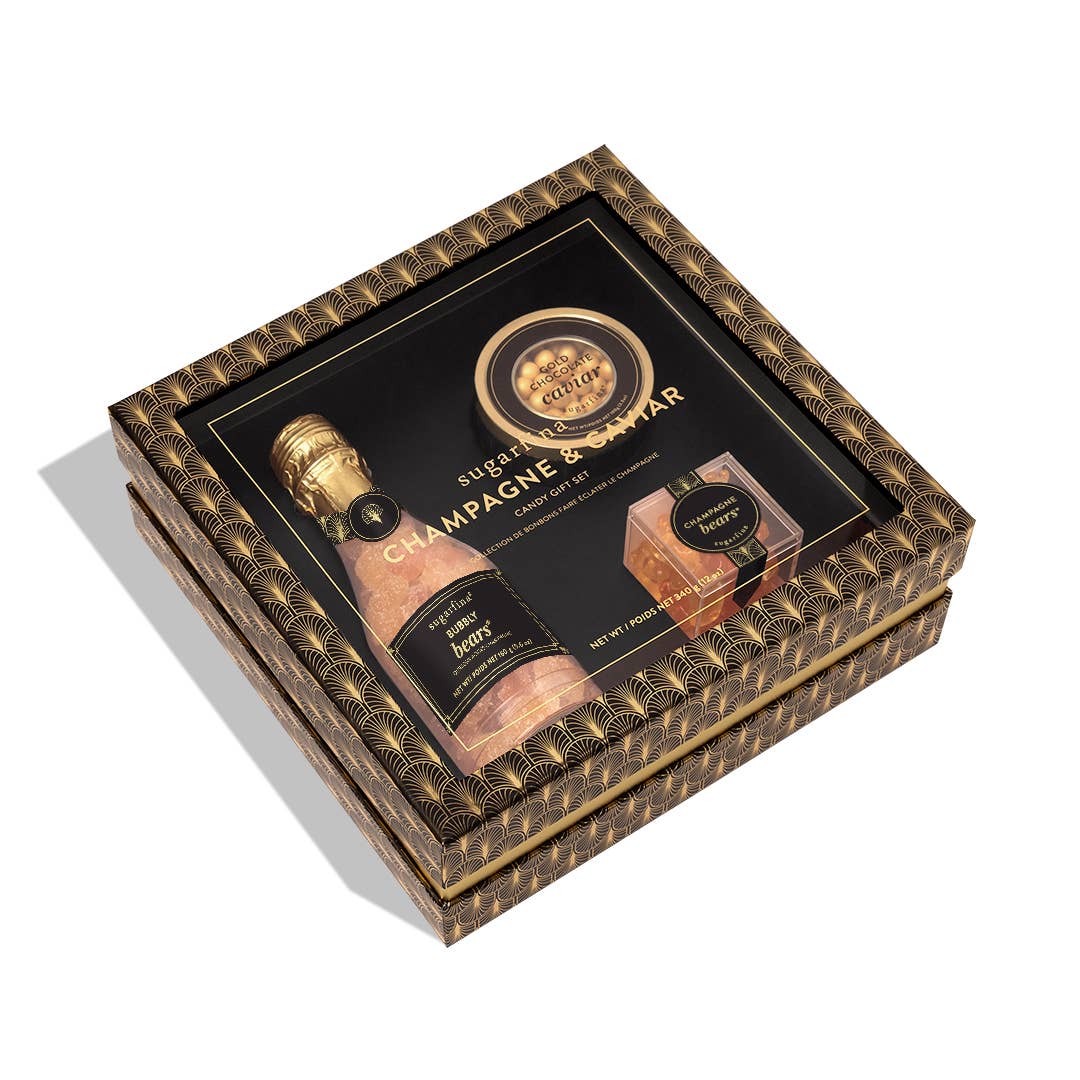 Sugarfina Champagne & Caviar Gift Set elegantly packaged, featuring champagne-themed sweets.