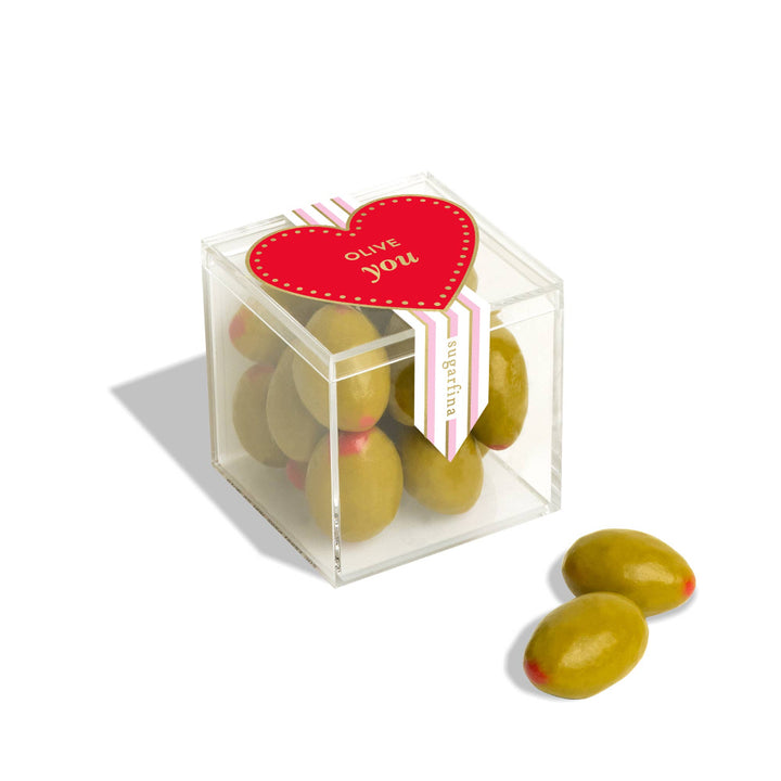 Sugarfina "Olive You" Chocolate Almonds in a signature clear cube with a red heart and "Olive You" design.