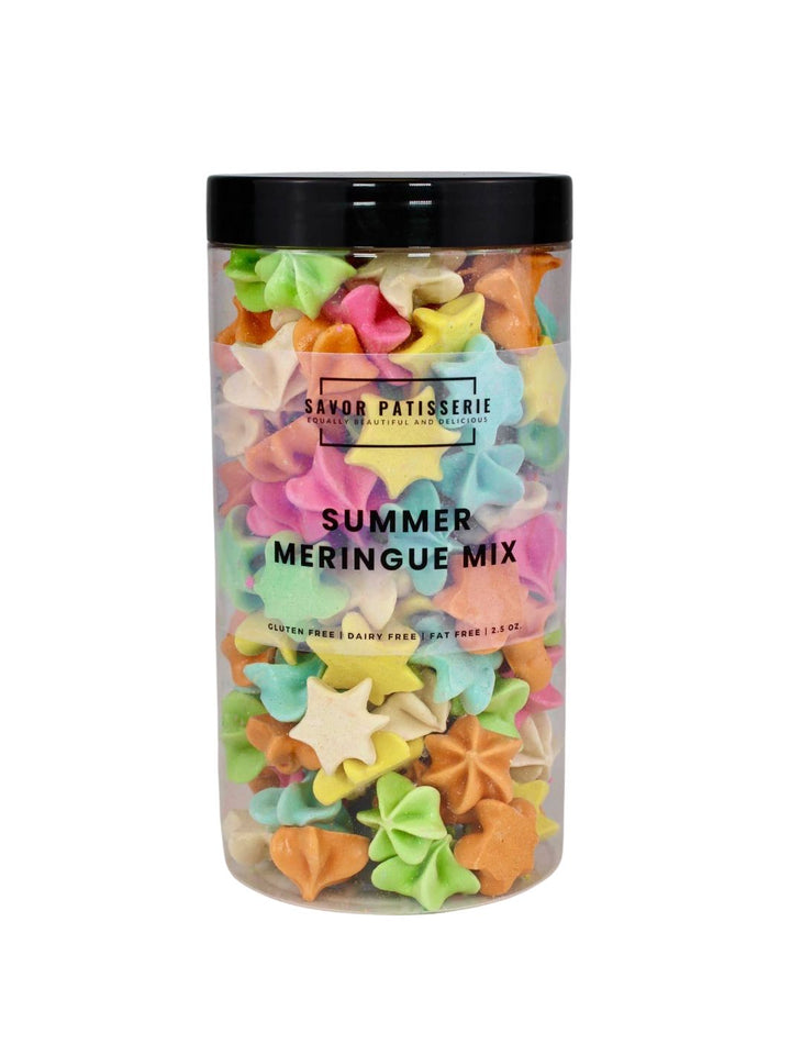 Summer Mix Meringues: Jar of colorful meringues in various flavors, including Blue Coconut, Lemon, Margarita, Peach, and Wedding Cake.