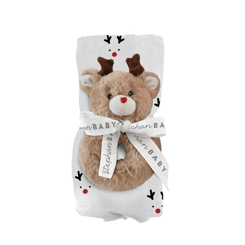 Swaddle Blanket + Plush Reindeer Rattle Set