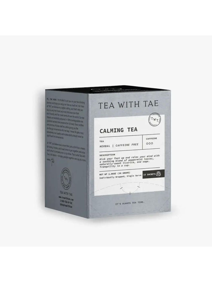 Tea with Tae Calming Tea Box with peppermint, licorice, and sage blend.