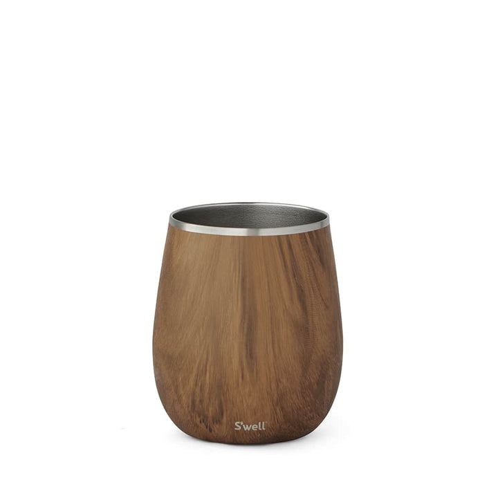 Teakwood Stemless Wine Tumbler by S'well, featuring triple-layer insulation and 9 oz capacity, perfect for indoor and outdoor use.