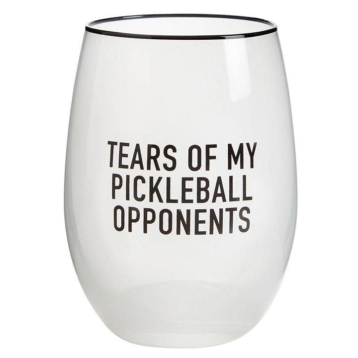 Tears Of My Pickleball Opponents Wine Glass displayed showcasing bold black lettering and a black rim.