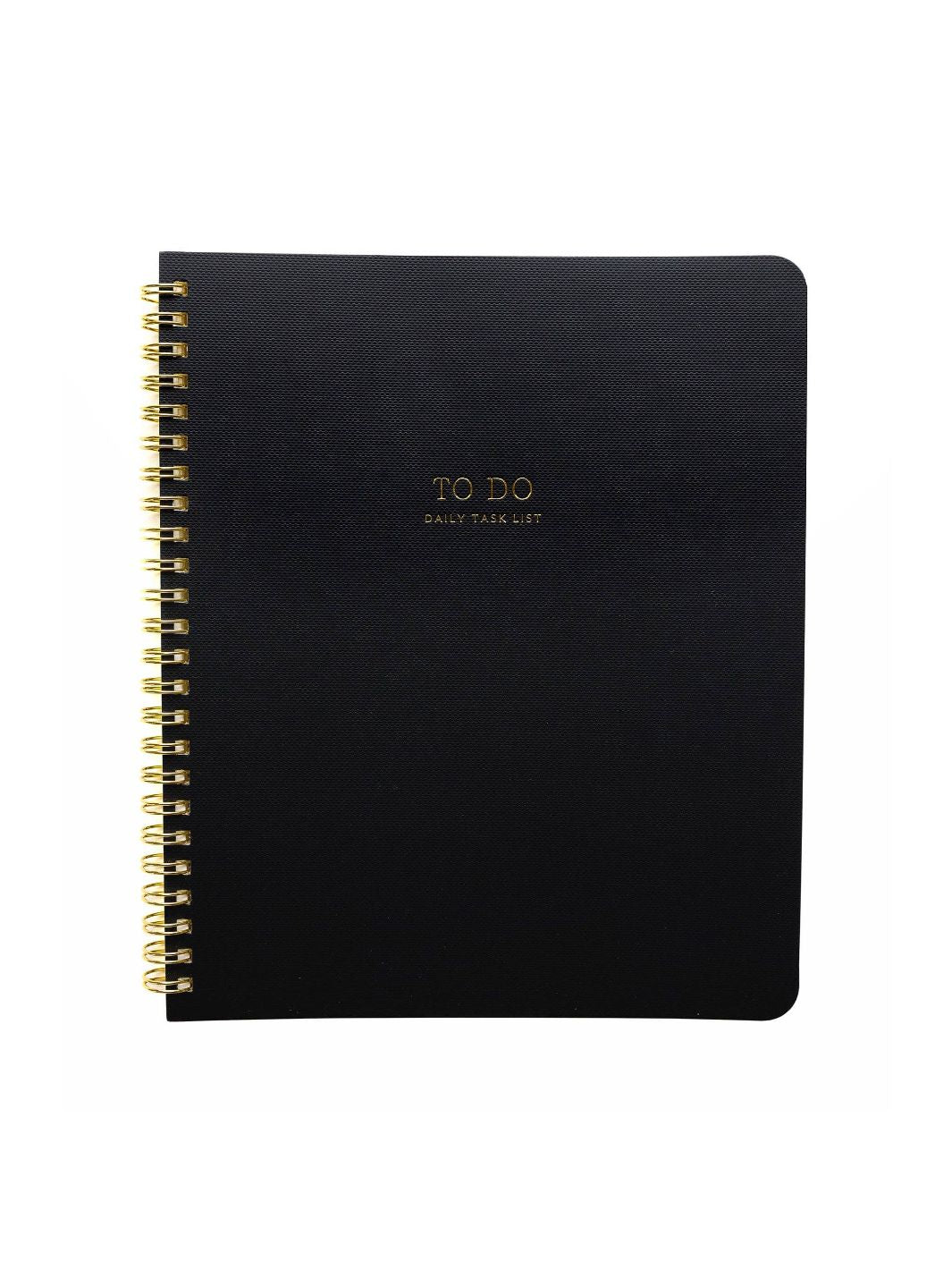 Black and gold spiral notebook.