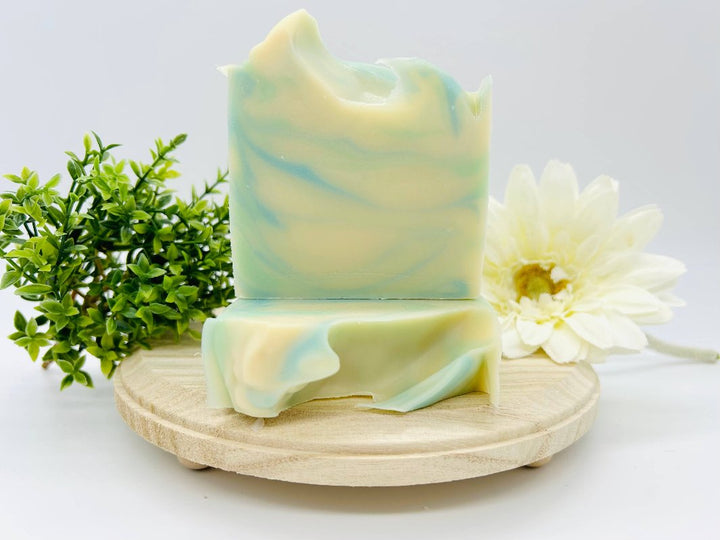 Handcrafted Island Escape Soap with the scent of fresh coconuts, mandarins, and red currants