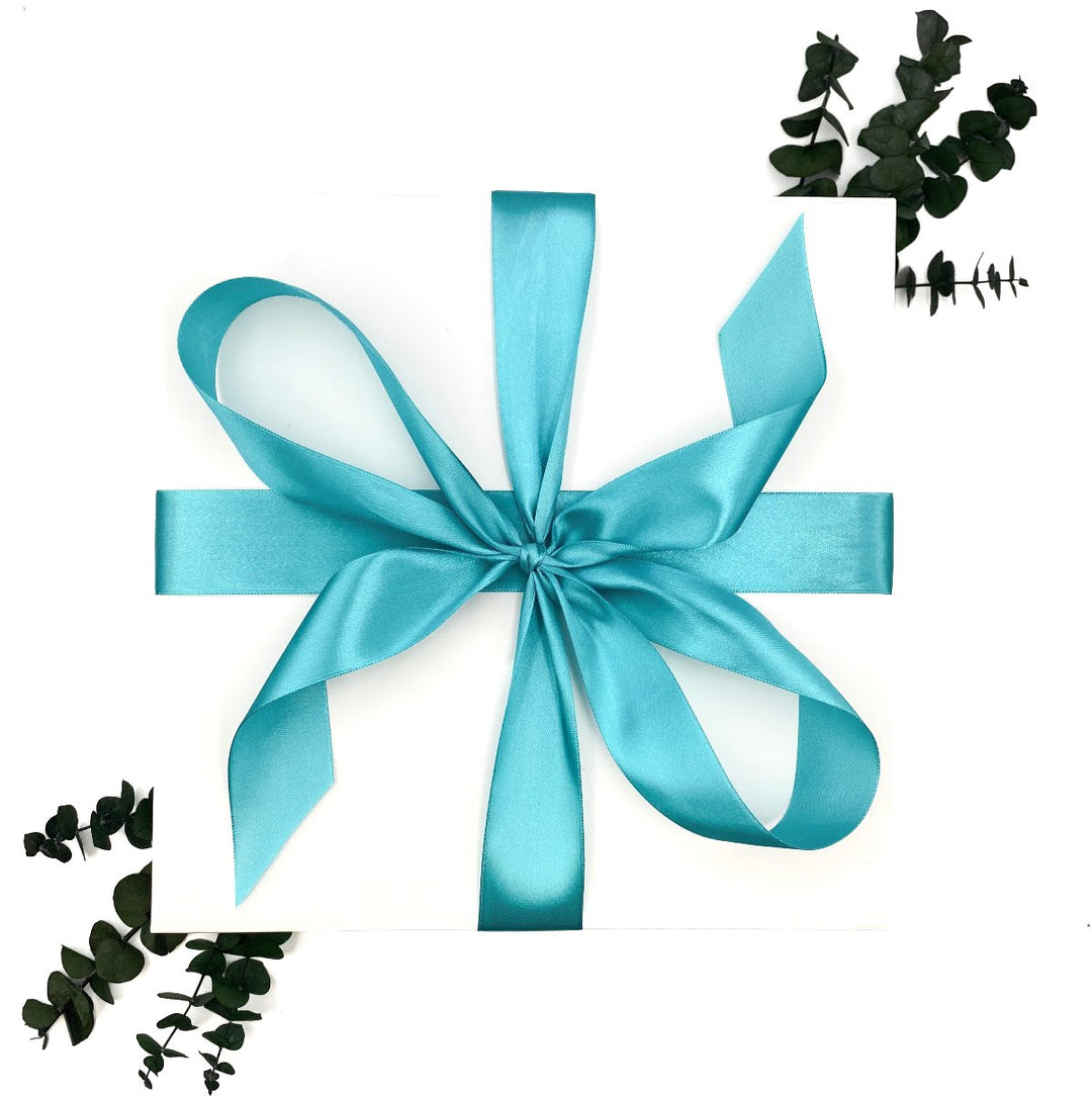 Tropical Retreat Gift Box wrapped in a turquoise satin ribbon- ready to ship!