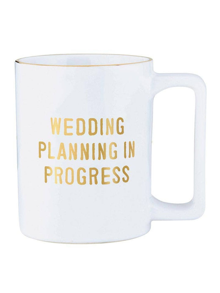 Elegant Organic Gold Foil Mug stating 'Wedding Planning In Progress".