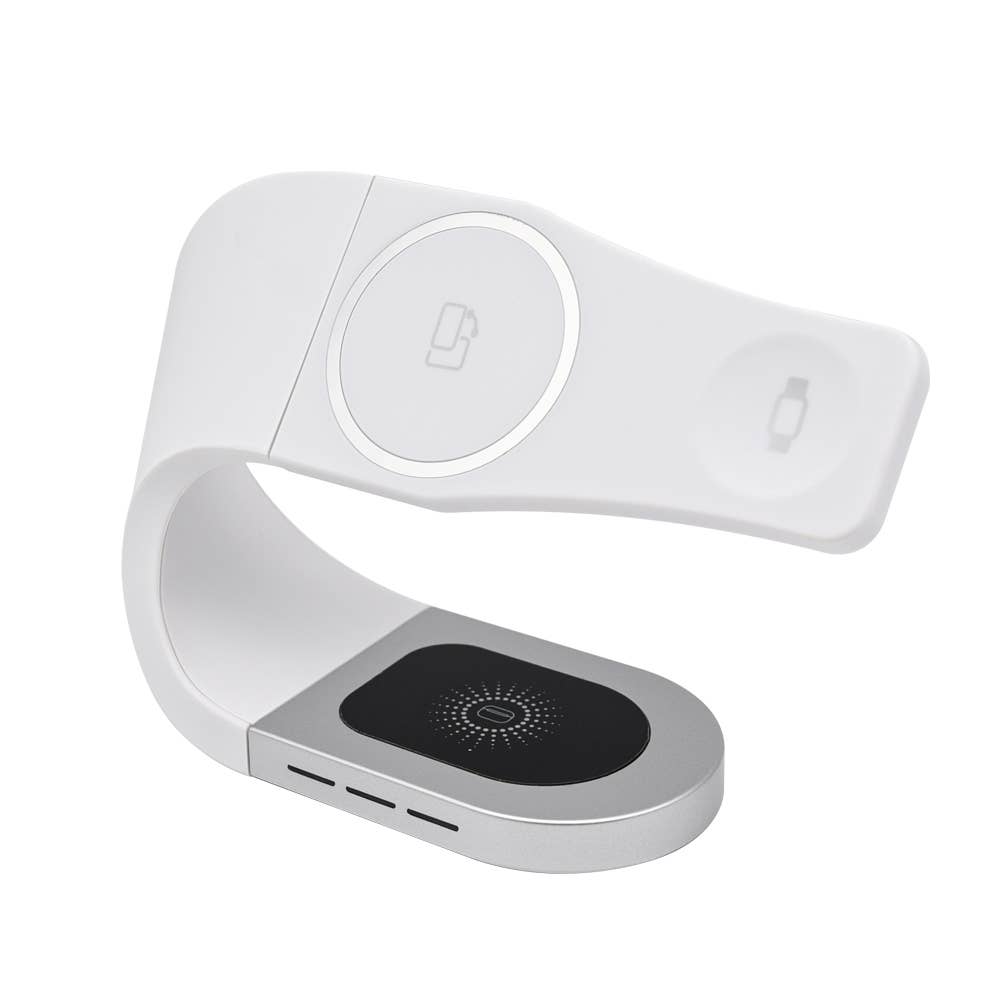 A sleek white 3-in-1 wireless charger to power a phone, smartwatch, and wireless earbuds simultaneously.