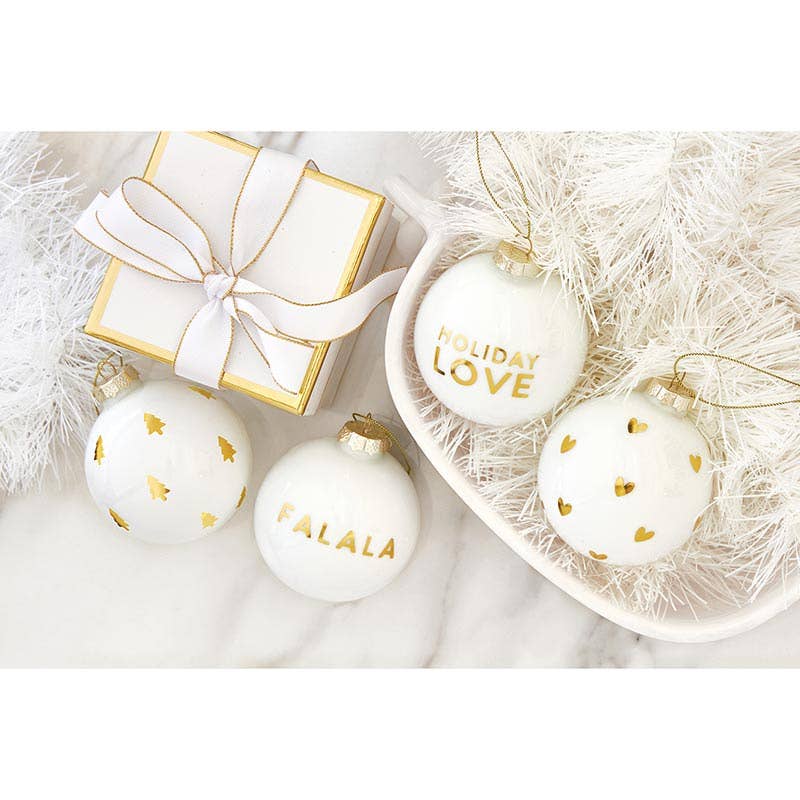 FaLaLa and Trees glass ornament set and Holiday Love glass ornament set. 