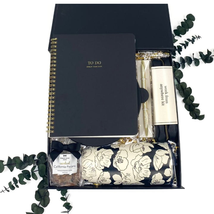 Work and Bloom Essentials Gift Box featuring salad bowl, tumbler, notebook, pen, work kit, and pecans in elegant packaging.