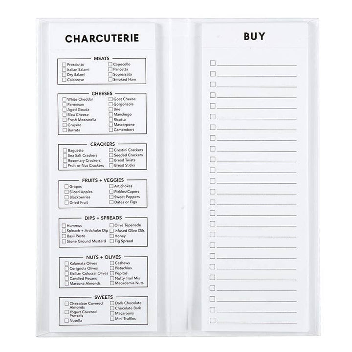 Charcuterie List Pad interior showing both list pads: one with charcuterie suggestions and the second is blank for writing in market shopping items.