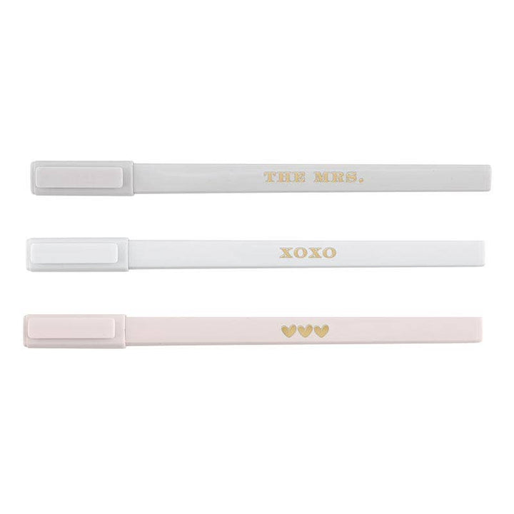 Boxed Pen Set with three pens: white "XOXO" pen, pink pen with three gold hearts, and grey pen that states "The Mrs." in gold lettering.