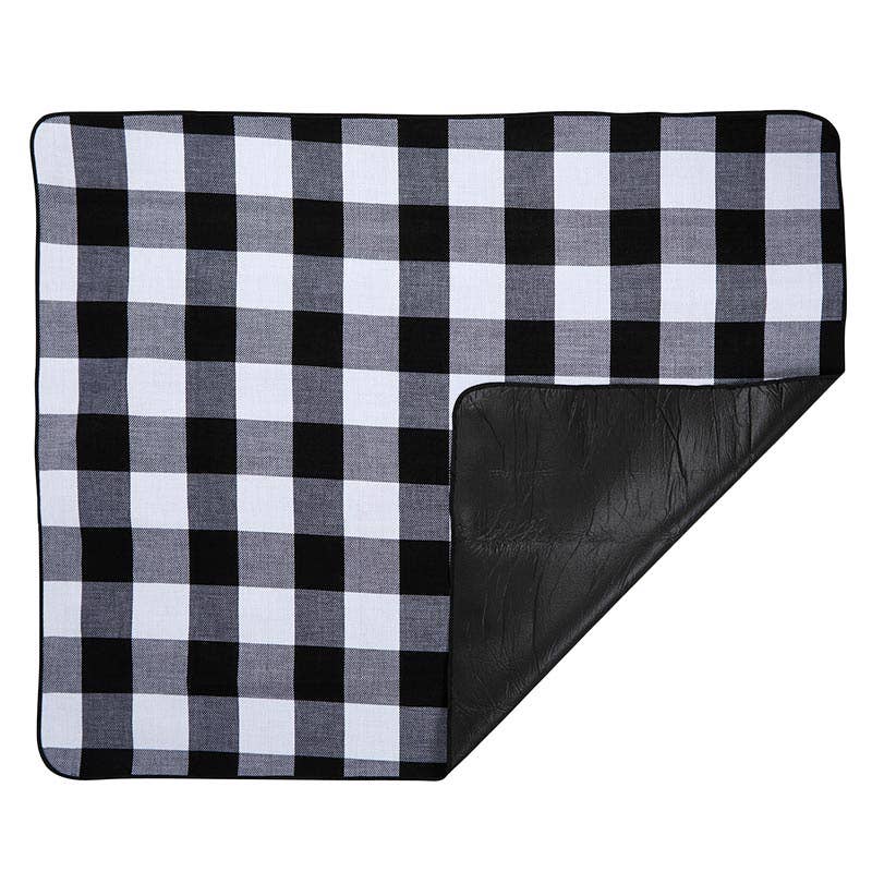 Buffalo Check Picnic Blanket with lifted corner to display waterproof backing.